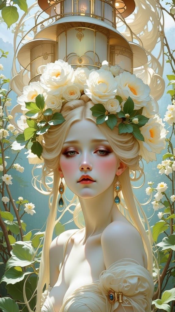 Art Nouveau Woman in Lily of the Valley Garden