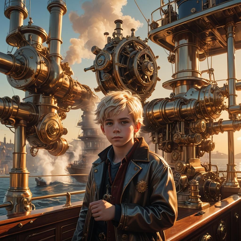 Boy on Steampunk Boat in Golden Light
