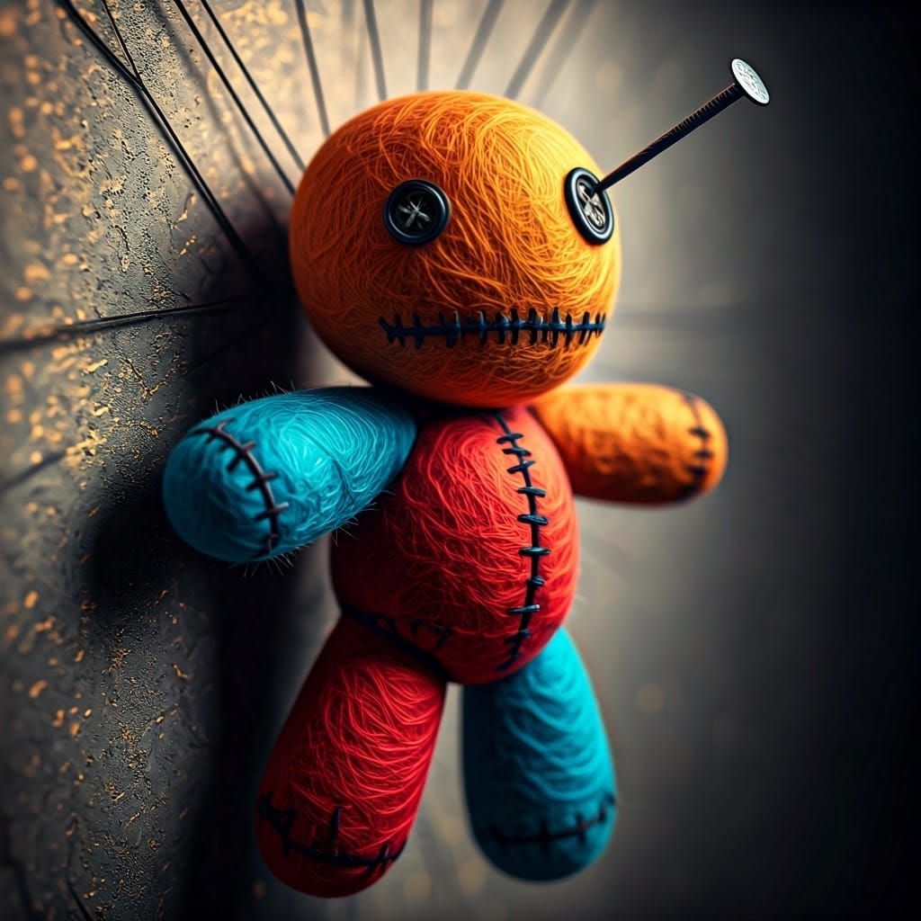 Unraveling colorful felted wool art of a voodoo doll with re...