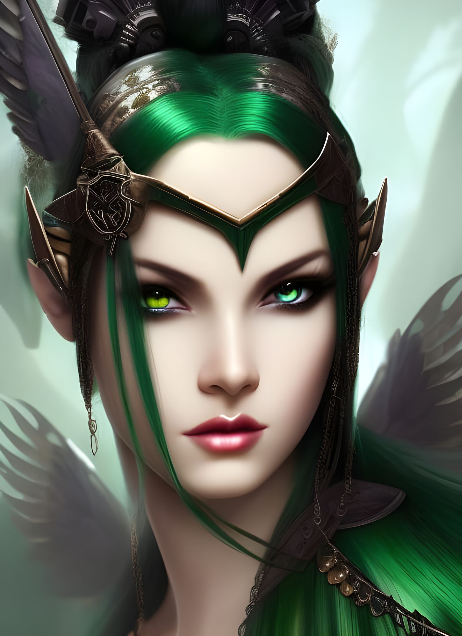 Dark Elf Goddess with Green Hair, Digital Art