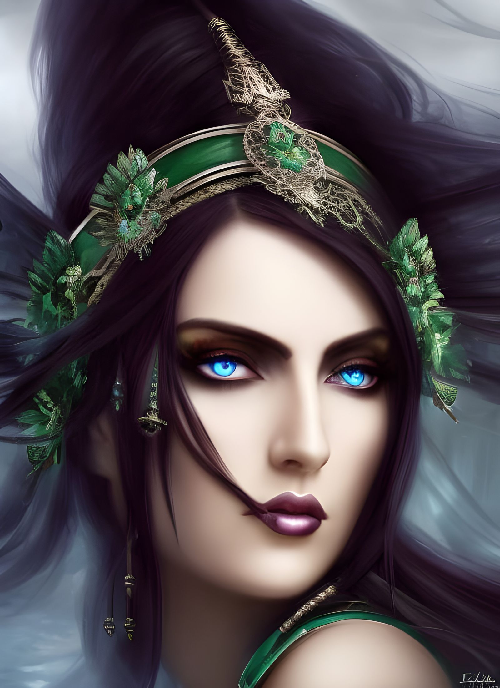 Dark Elf Goddess with Green Hair, Digital Illustration