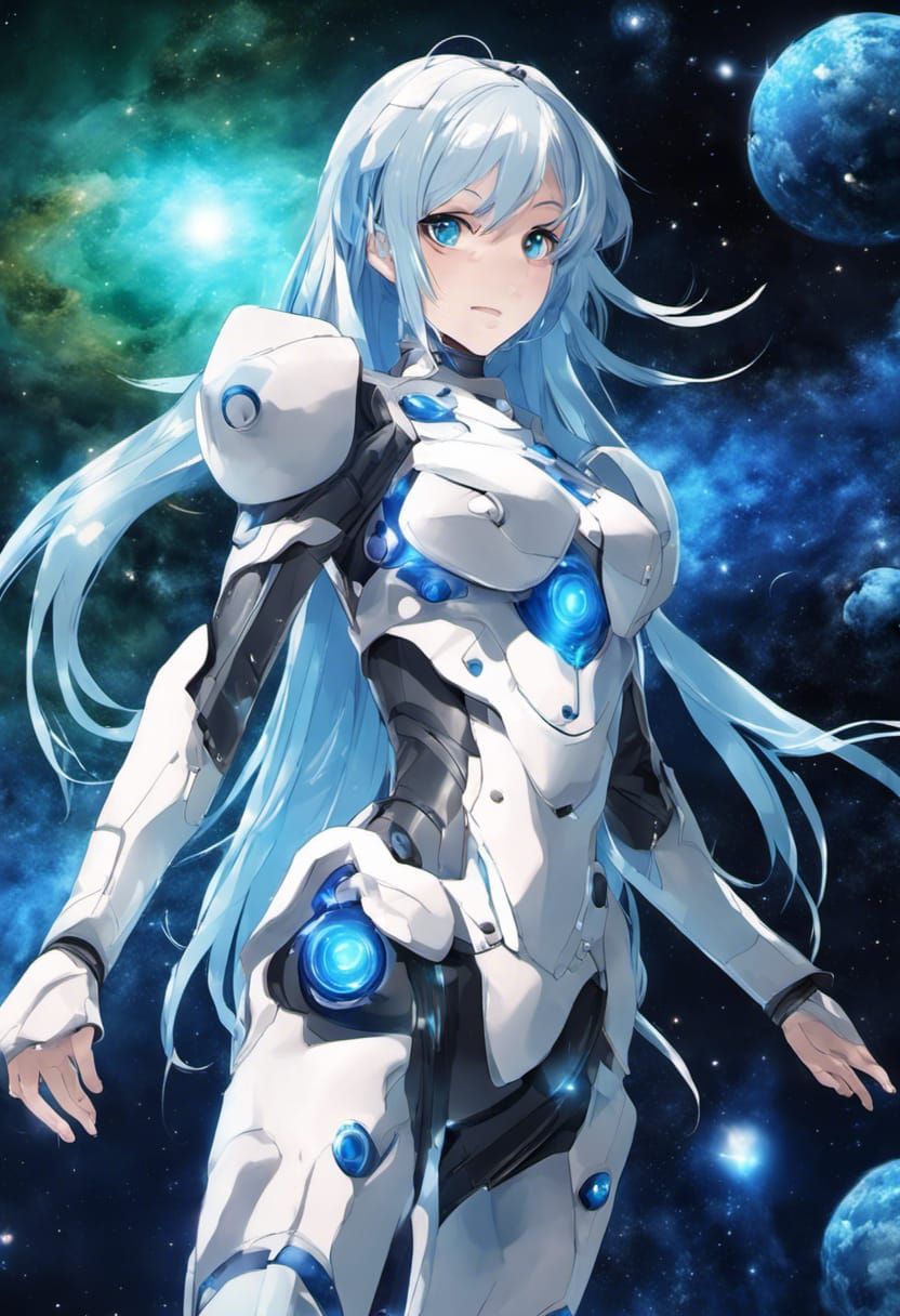 Anime Girl with Galaxy Hair in Sci-Fi Armor