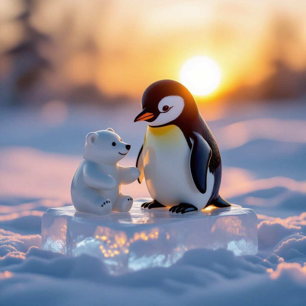 Penguin Crafts Ice Bear Sculpture in Golden Sunset
