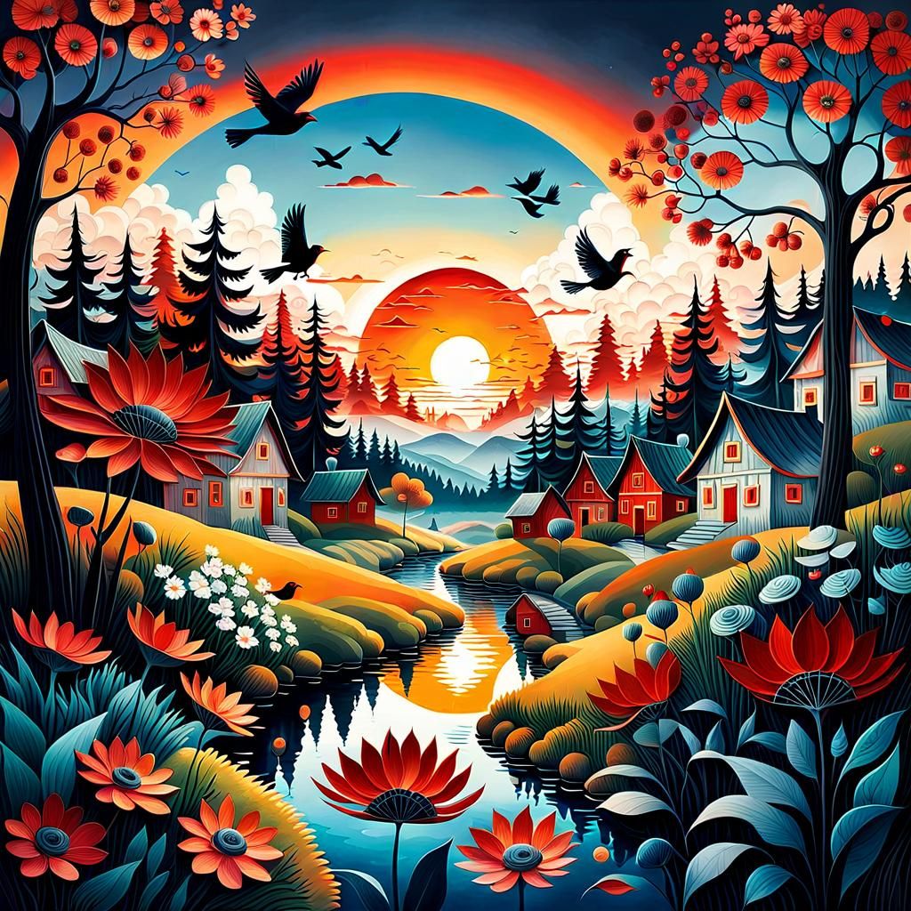 Botanical Fantasy Village Landscape in Double Exposure