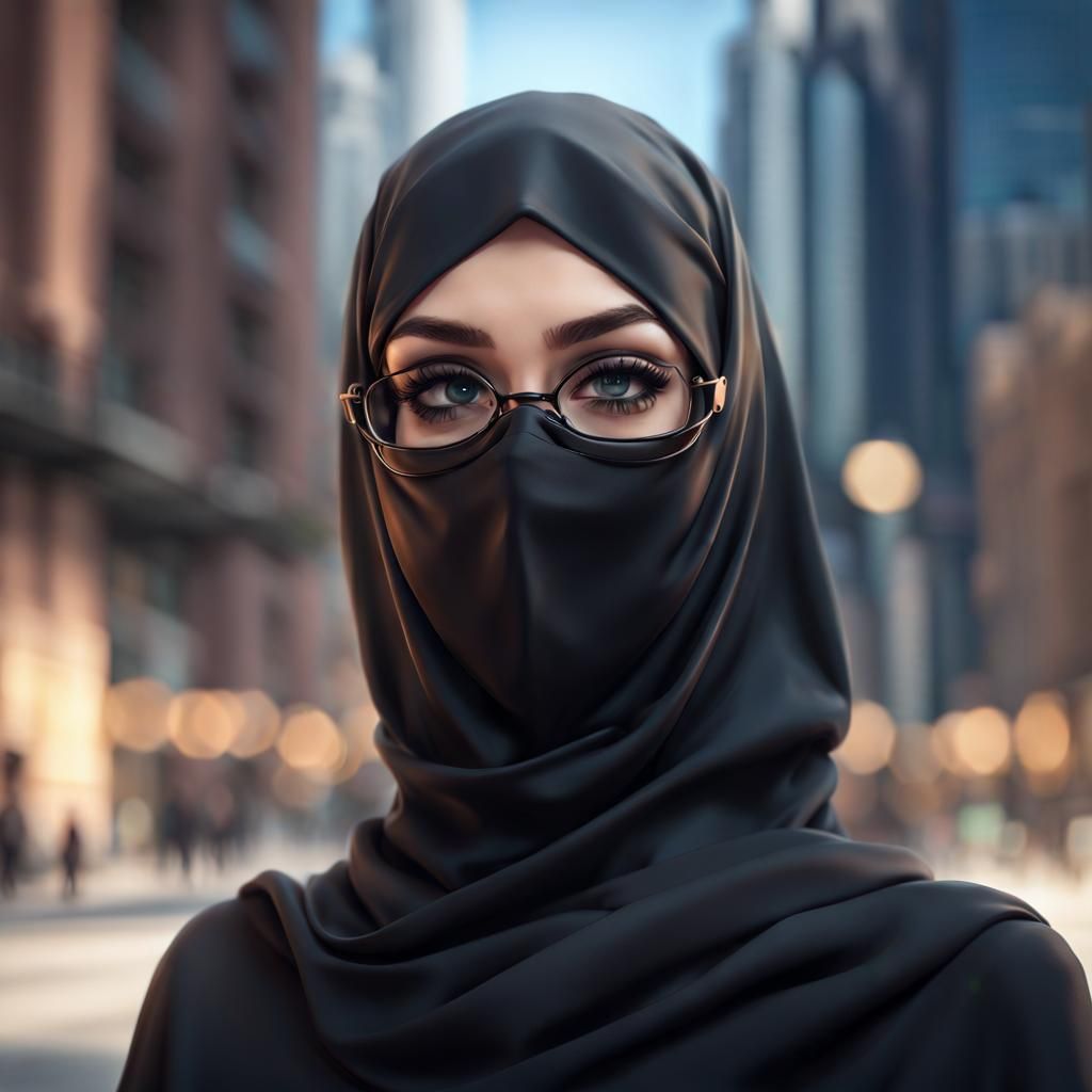 Niqabi Woman Portrait in Modern City, Hyperdetailed Art