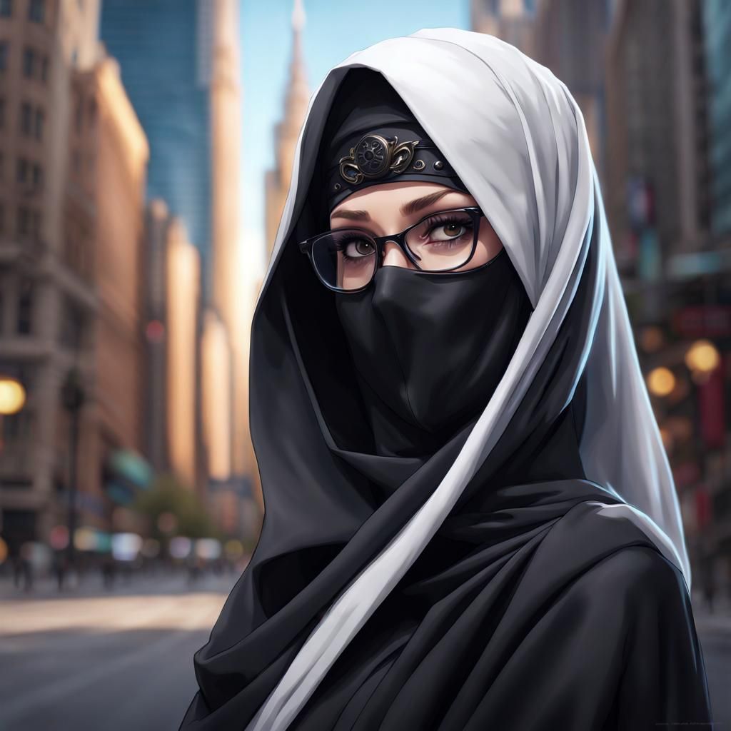 Beautiful Niqabi Portrait in Modern City, Digital Art