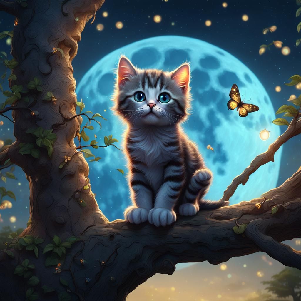 Kitten Watching Fireflies Under the Moon