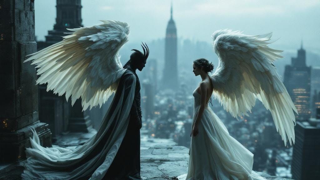 Angelic Daemon Face-Off on Skyscraper Rooftop