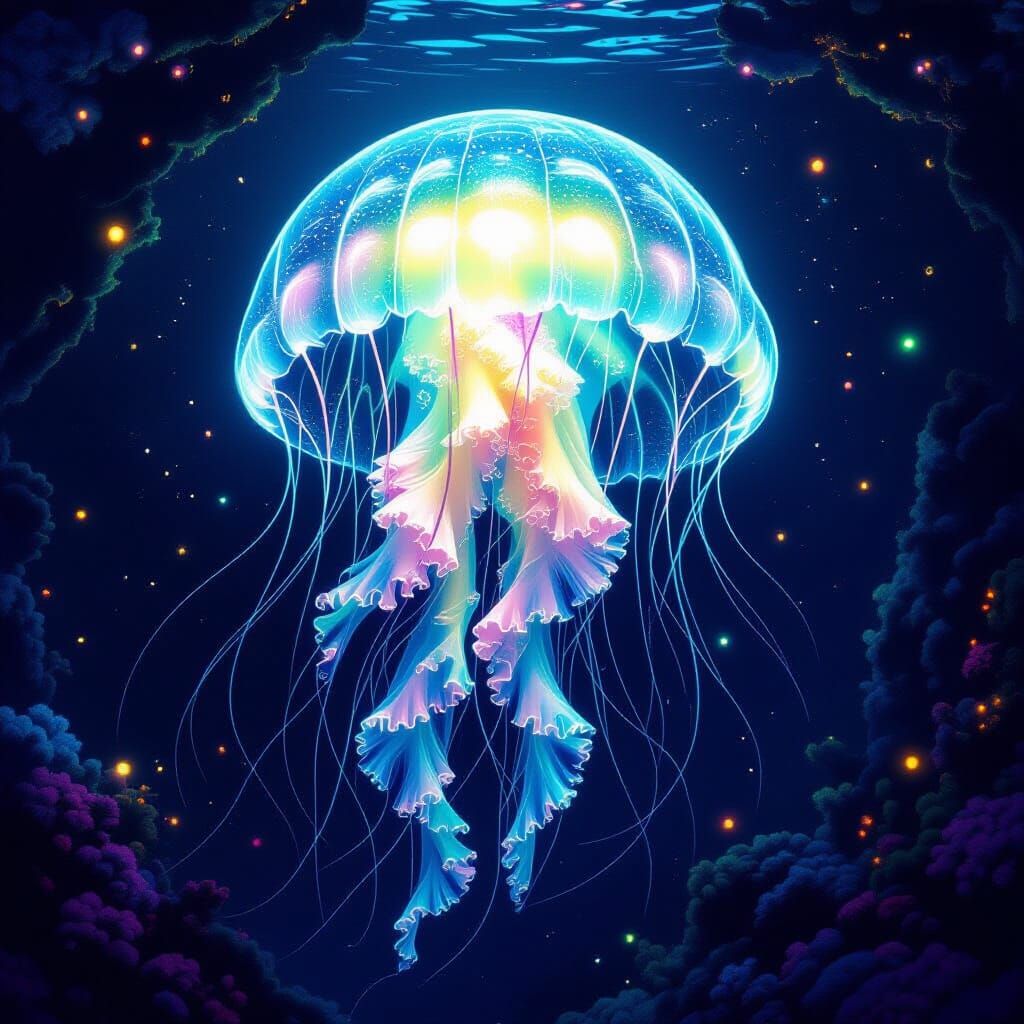 Bioluminescent Jellyfish in Deep-Sea Trench, Art Nouveau
