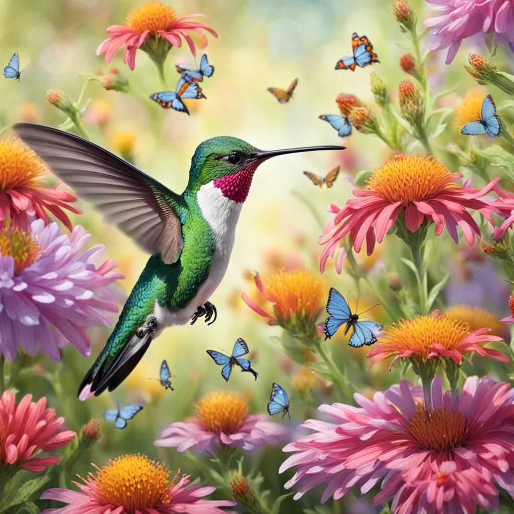 Hummingbird Feeds in Flower Field with Butterflies