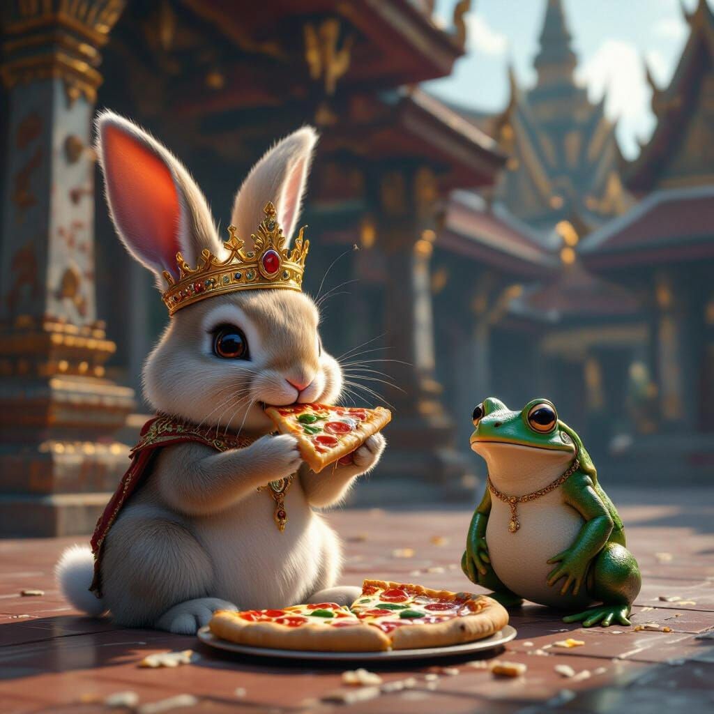 Bunny with Crown Eats Pizza in Thai Temple with Frog Servant