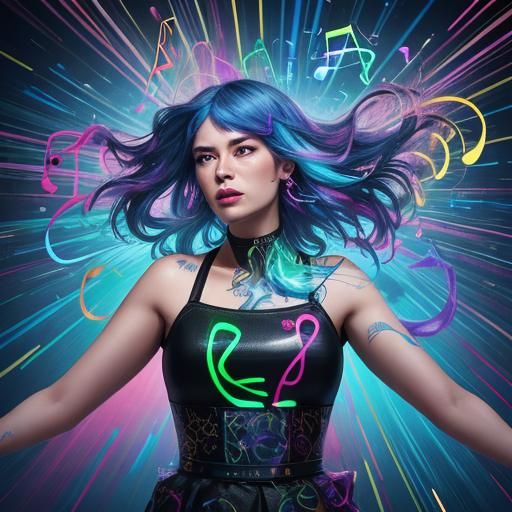 Woman with Floating Music Notes in Neon Light