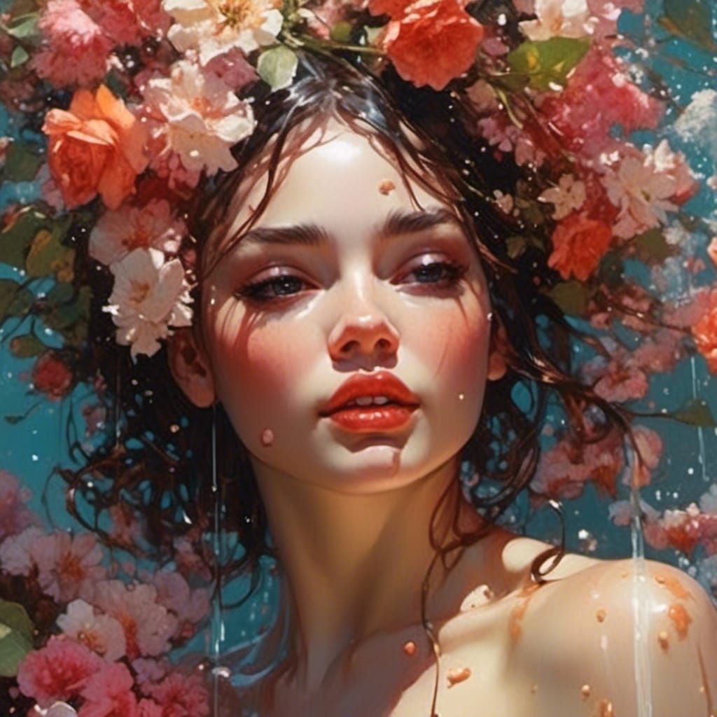 Gorgeous Woman in Shower, Hyperrealistic Pin-Up Style