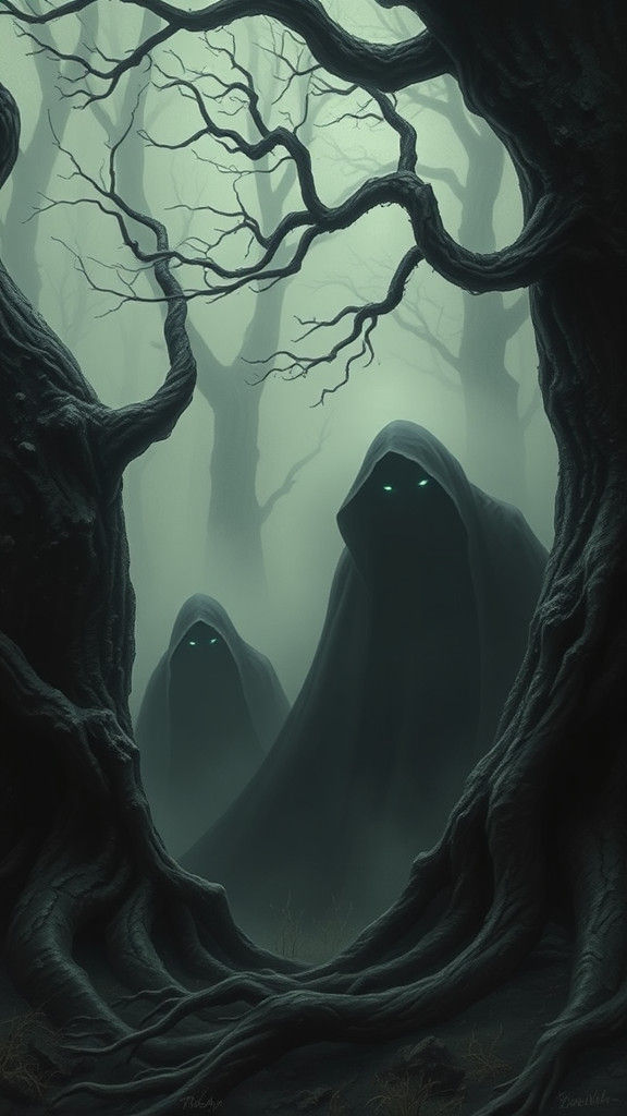 Ethereal Figures Lurking in a Dark Forest