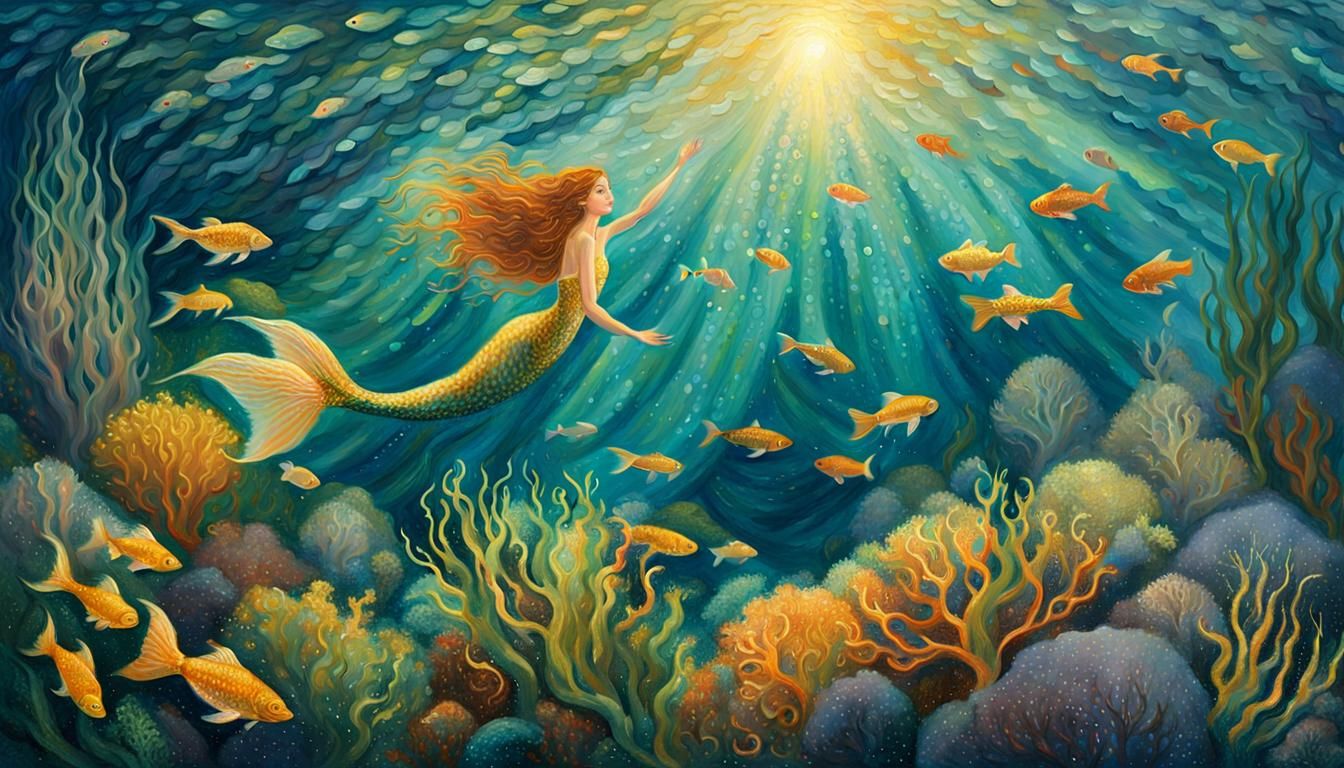 Impressionist Mermaid Marvels at Fish in Art Nouveau Style