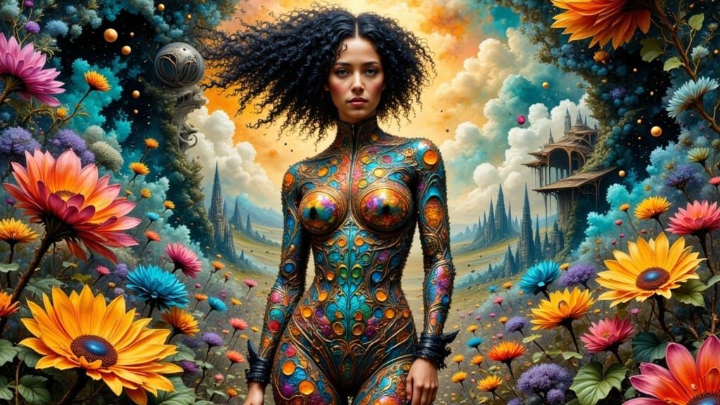 Surreal Woman in Botanical Gothic Cityscape