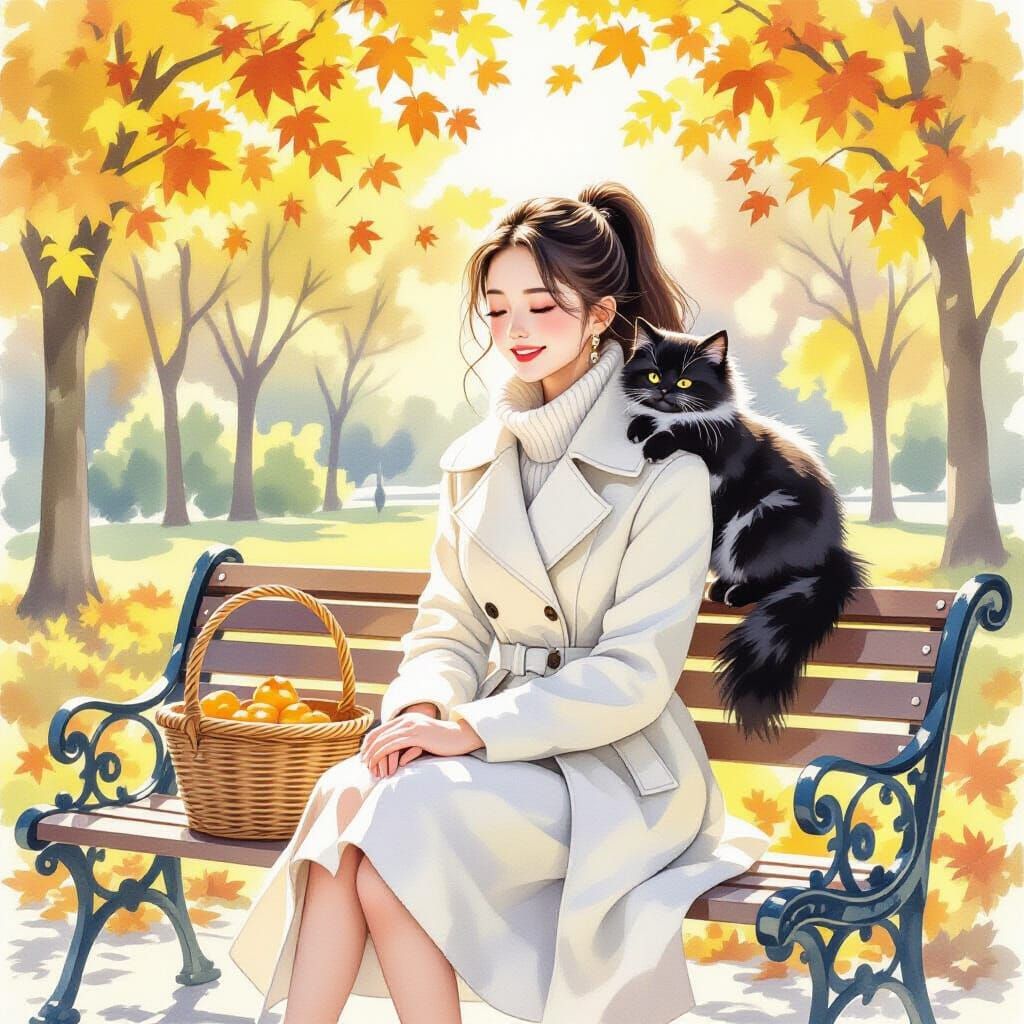 Watercolor Autumn Park Scene with Woman and Kitten