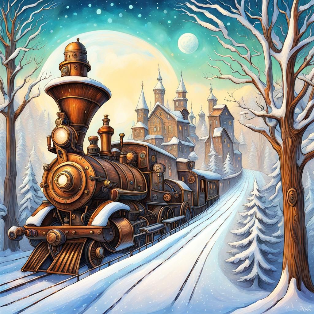 Steampunk Winter Wonderland in Hyperrealistic Impressionism