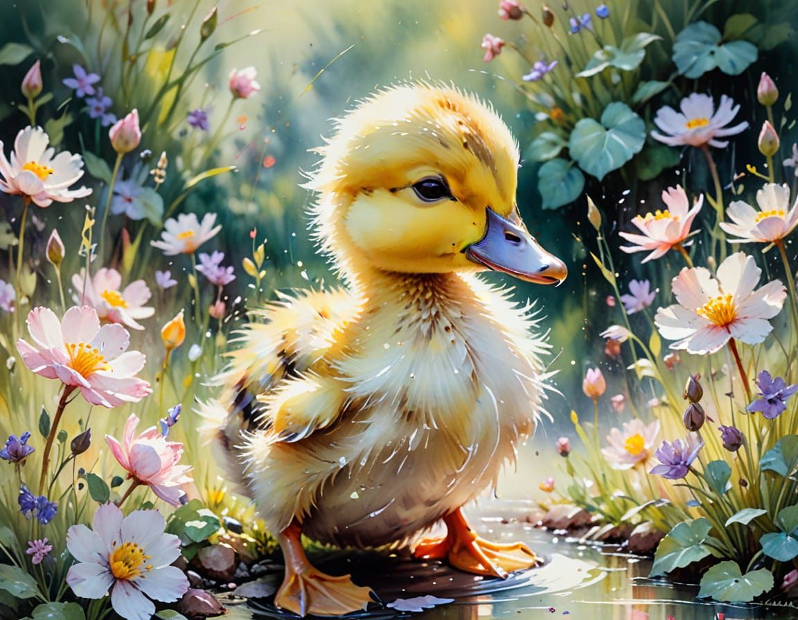 Duckling in Garden as Watercolor Painting