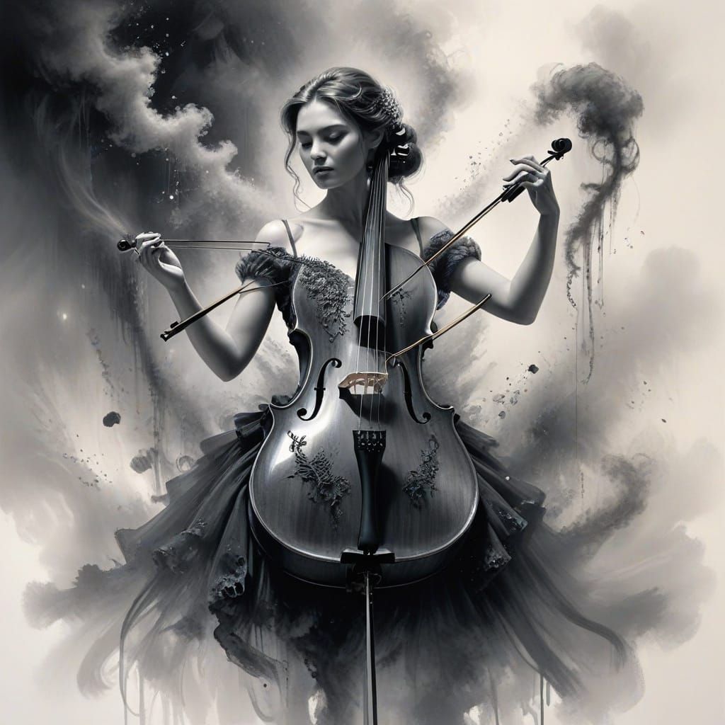 Ethereal Ink Cello Drawing with Velvet Silk Strands