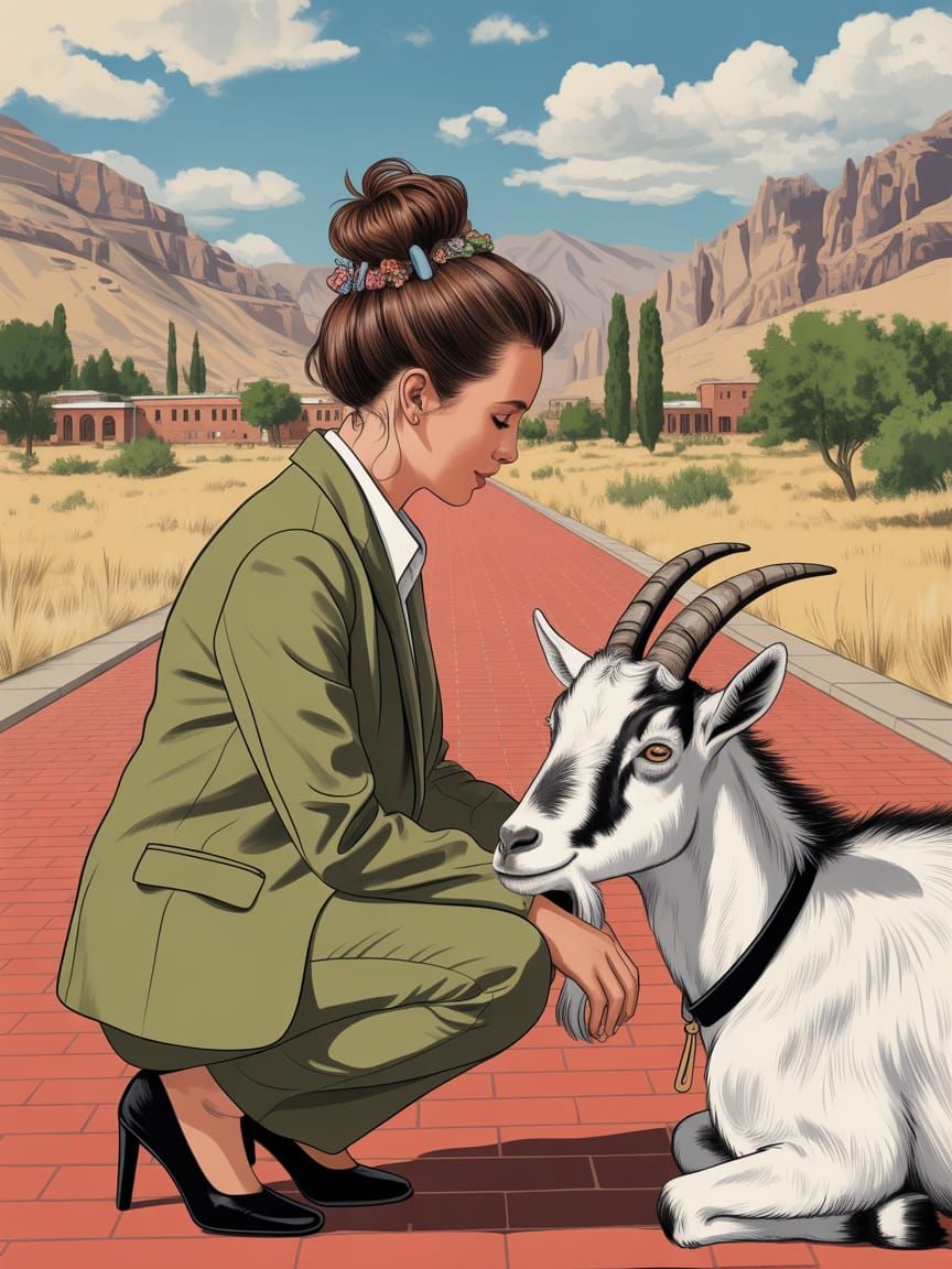 Woman in Business Suit Petting Horned Goat on Road in Tajiki...