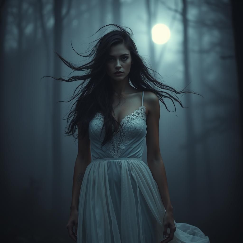 Mystical Woman in Moonlit Woods: Fine-Art Photography