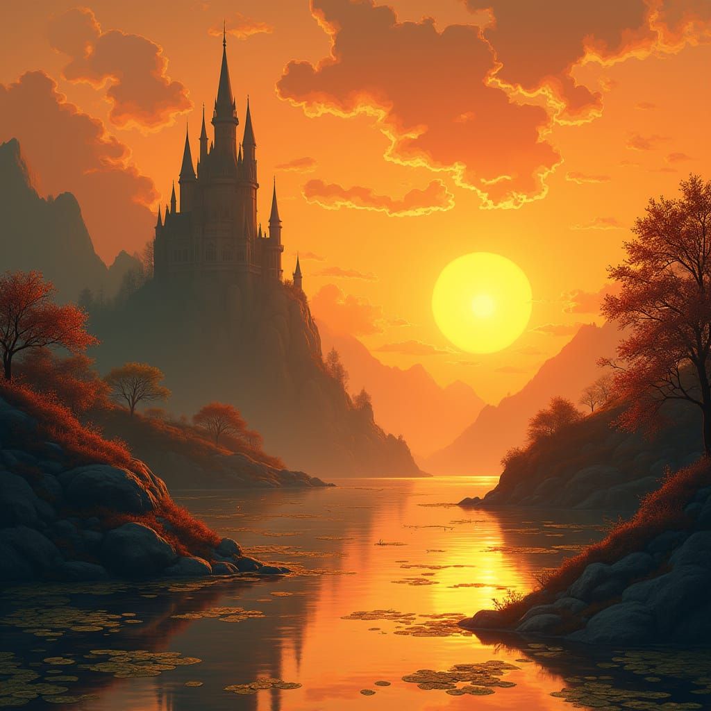 Enchanted Castle at Golden Sunset in Dreamlike Fantasy Style