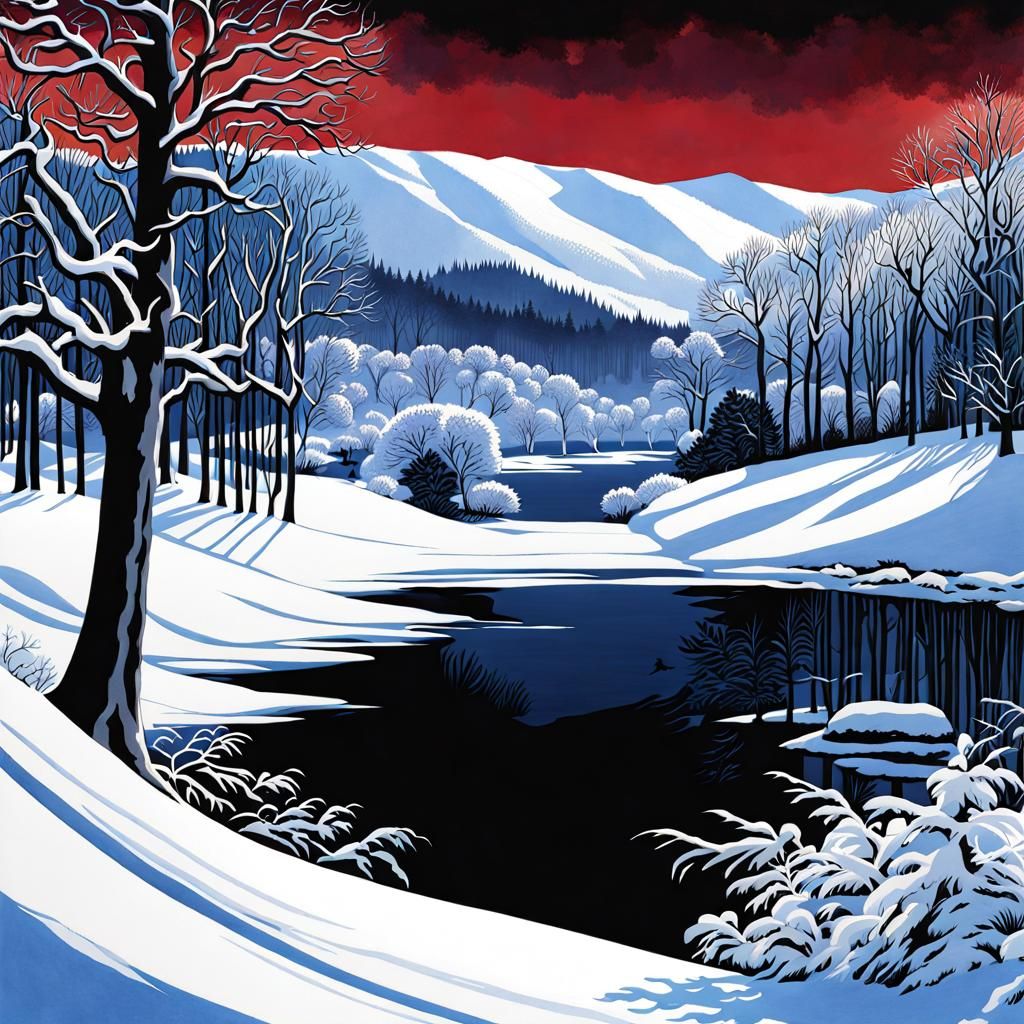 Detailed Winter Landscape in Watercolor Illustration Style