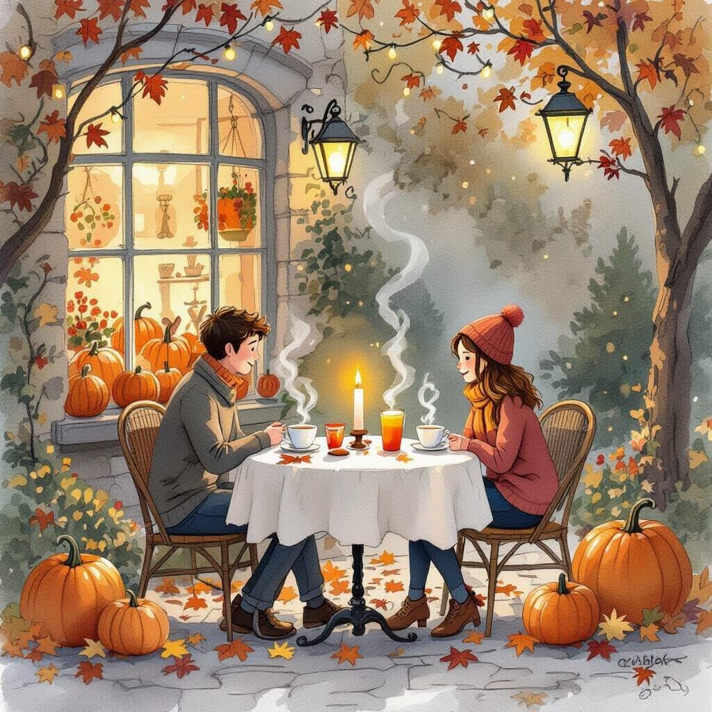 Romantic Cafe Scene in Watercolor Style