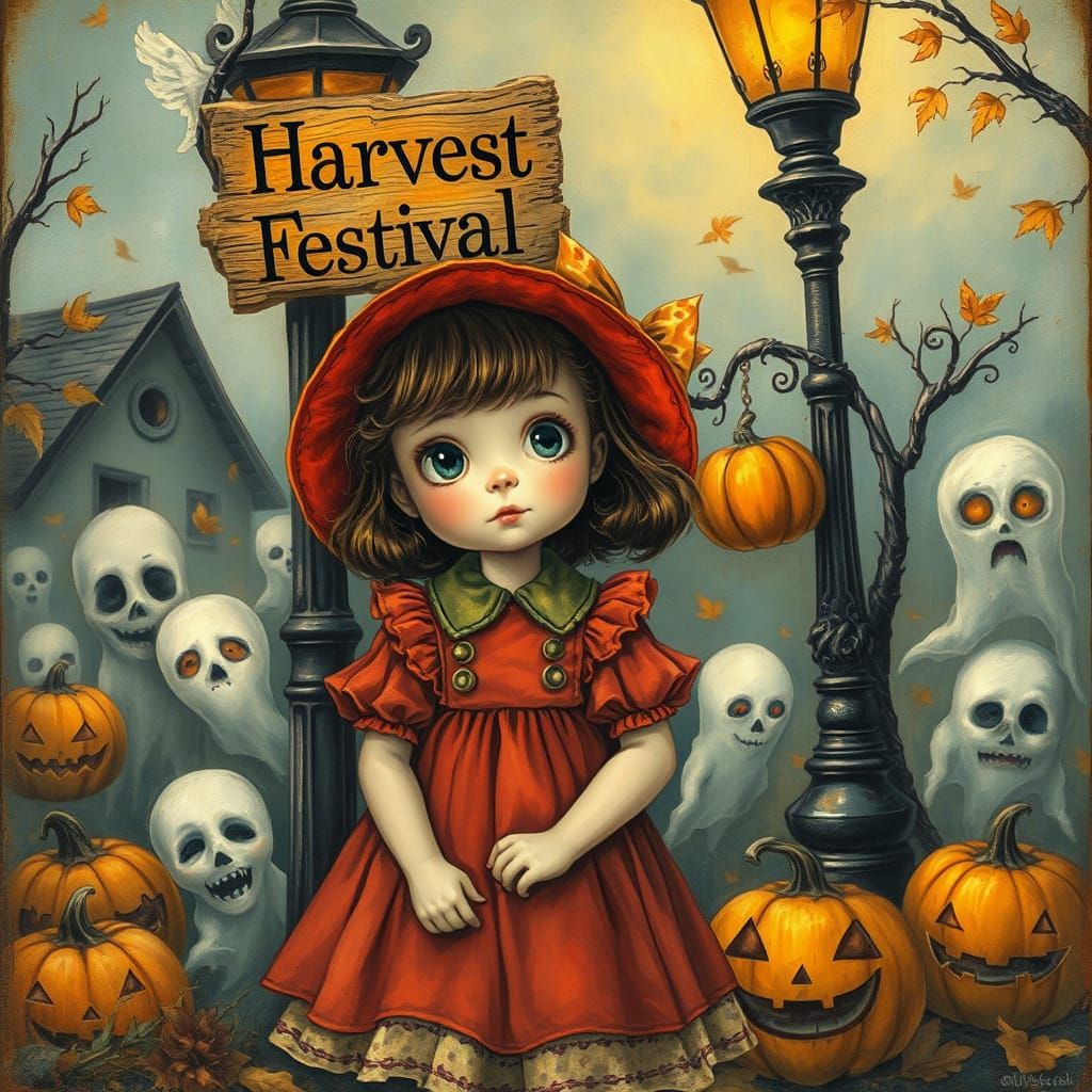 Cute 1950s Girl at Harvest Festival with Ghosts