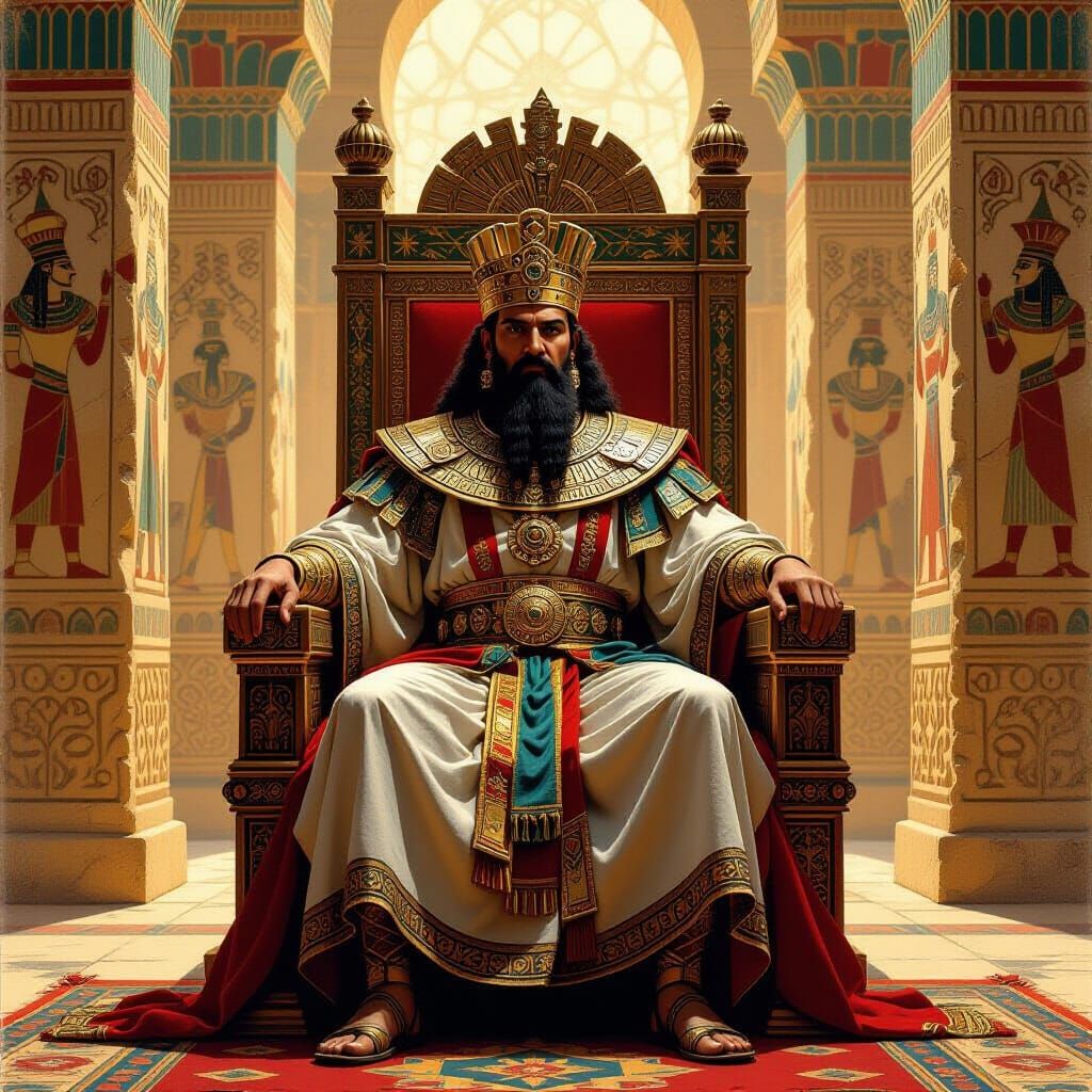 Assyrian King on Throne in Grand Palace