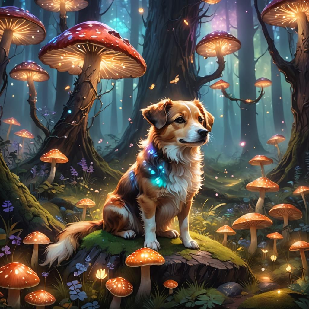 Cute Dog in Whimsical Forest, Oil Painting