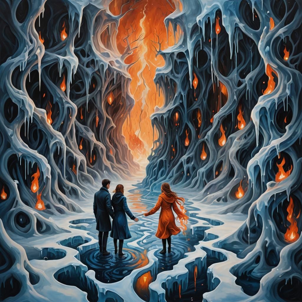 Frozen Maze: A Surrealist Oil Painting of Ice and Fire