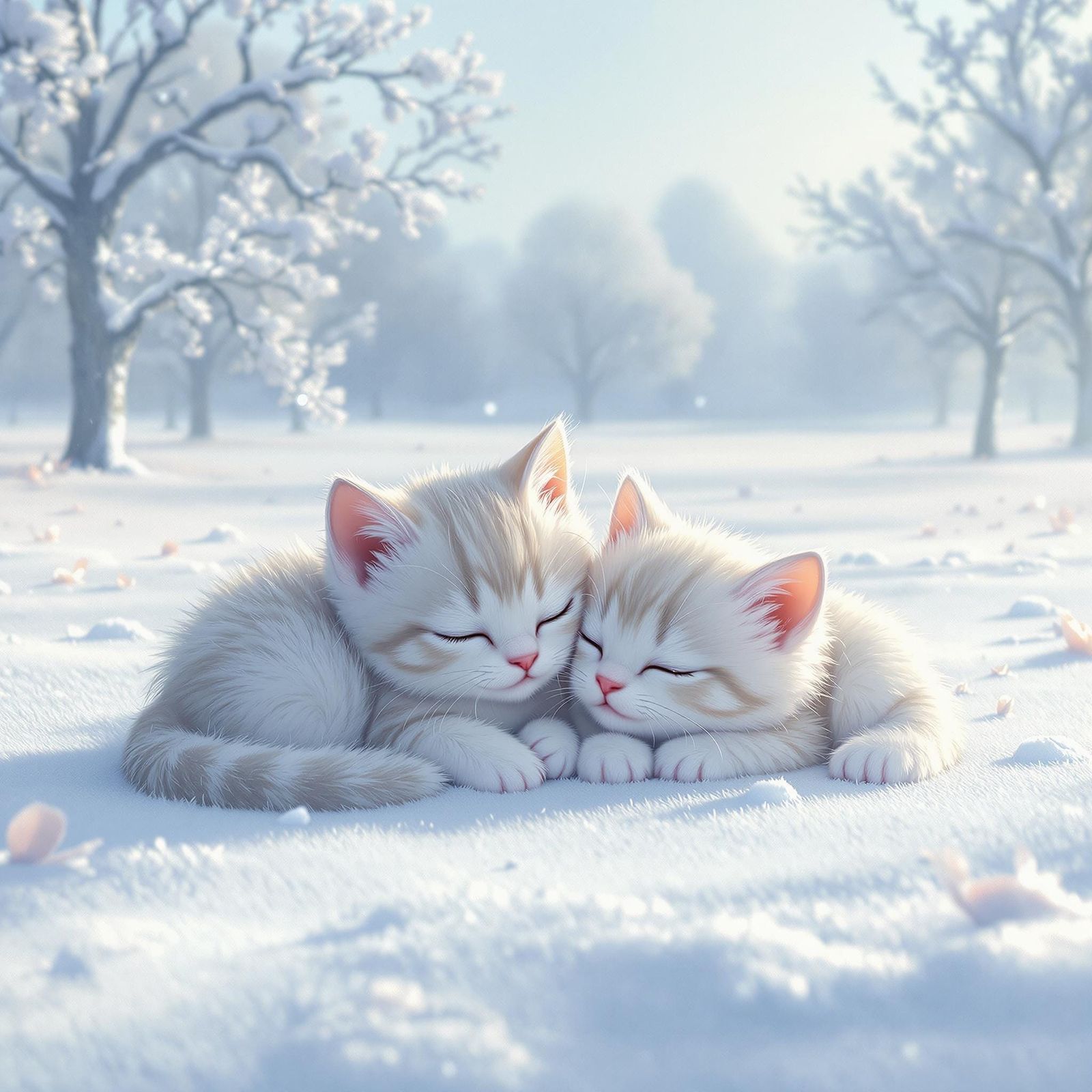 a white snow filled open field with dead trees in the background

2 Charming animated kittens with oversized, shimmering...