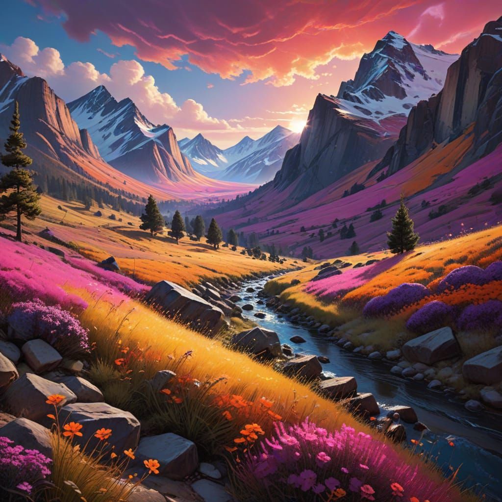 Majestic Valley Sunset in Vibrant Street Art Style
