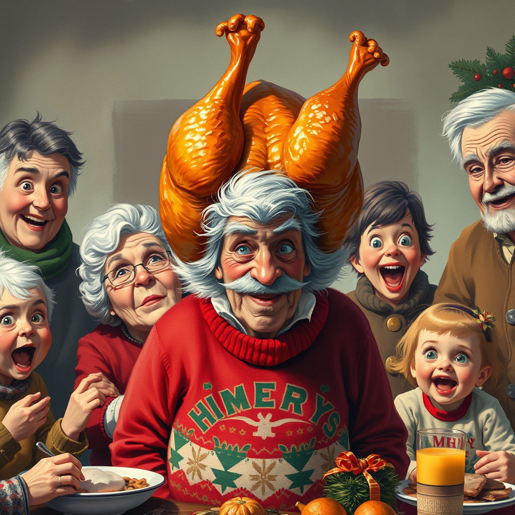 The turkey landed on Grandpa's head