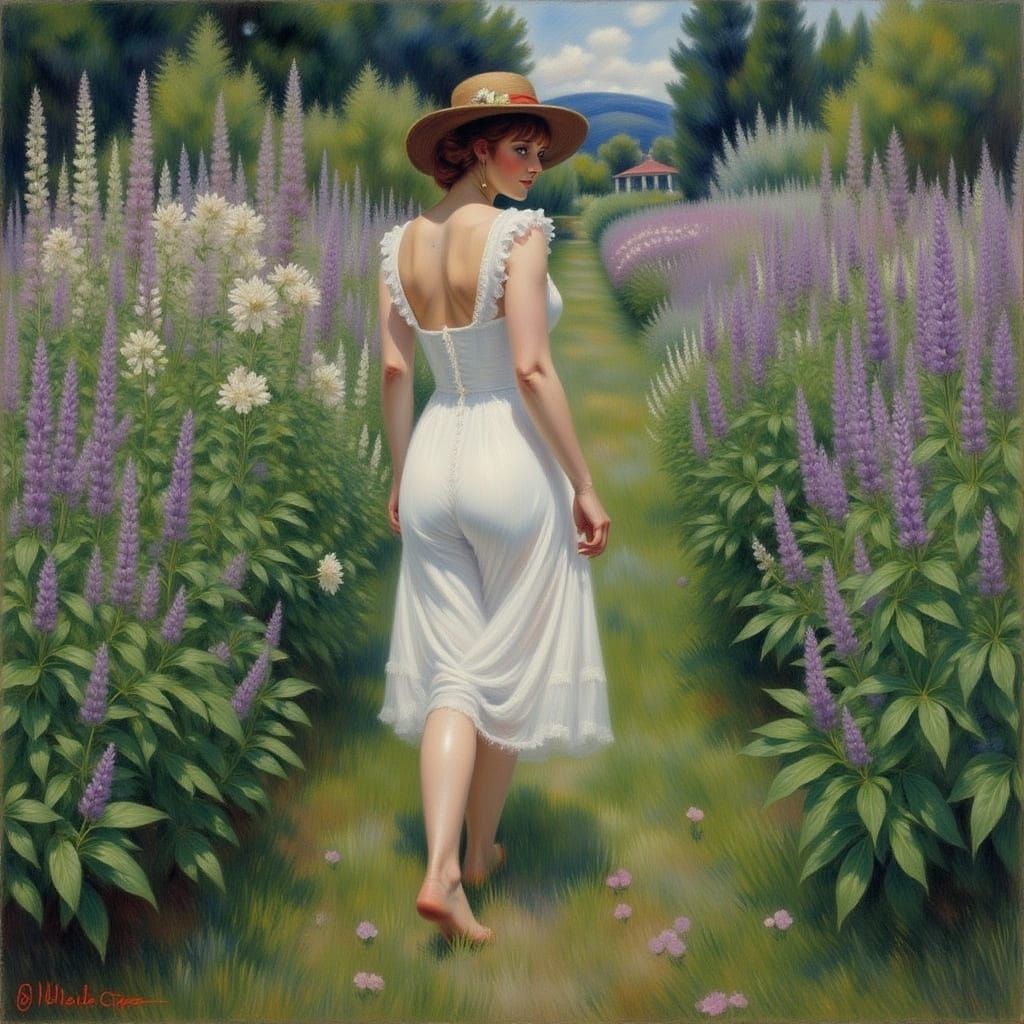 Ethereal Goddess Strolls Through Verdant Meadow