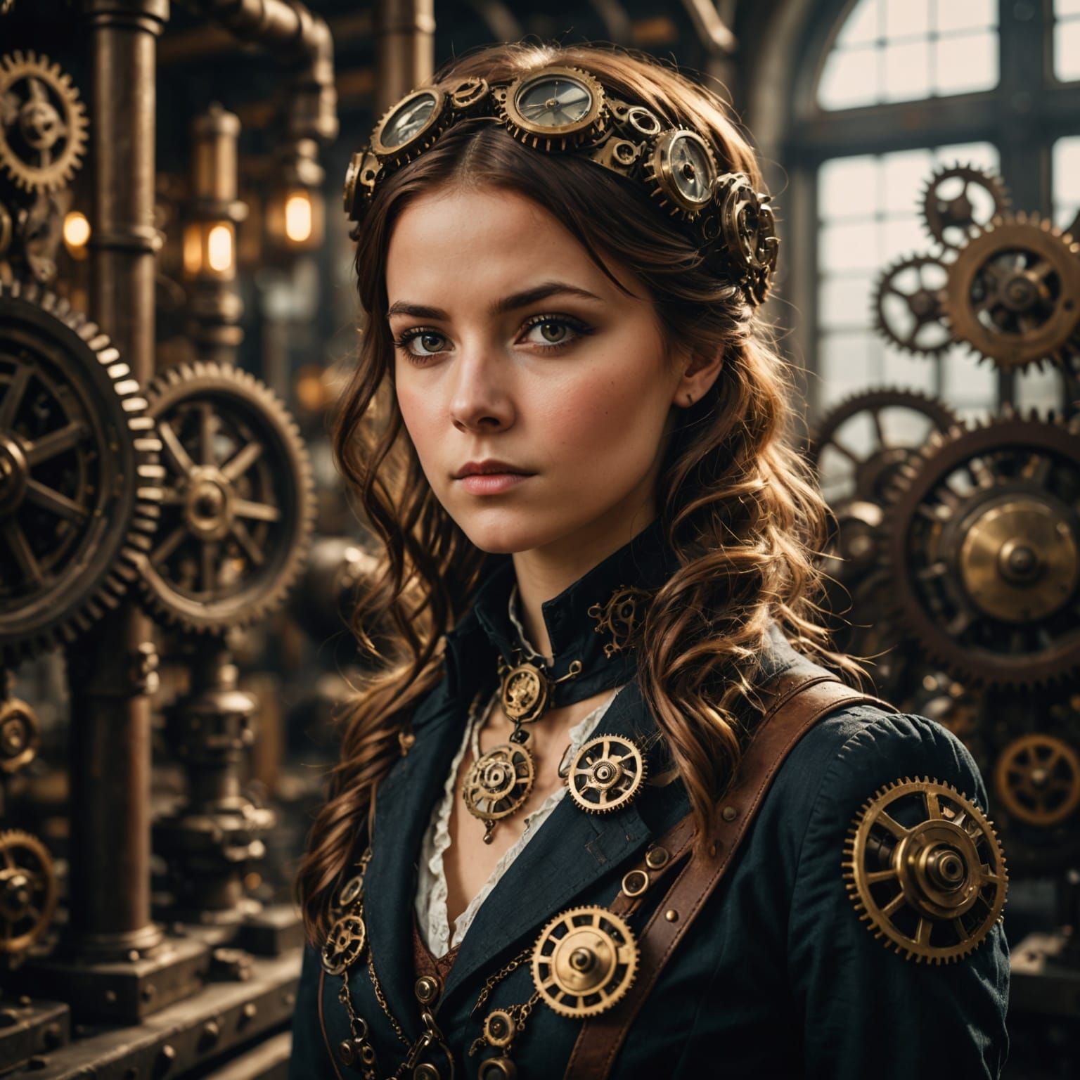 Steampunk Girl in Gear Factory with Bokeh Effect