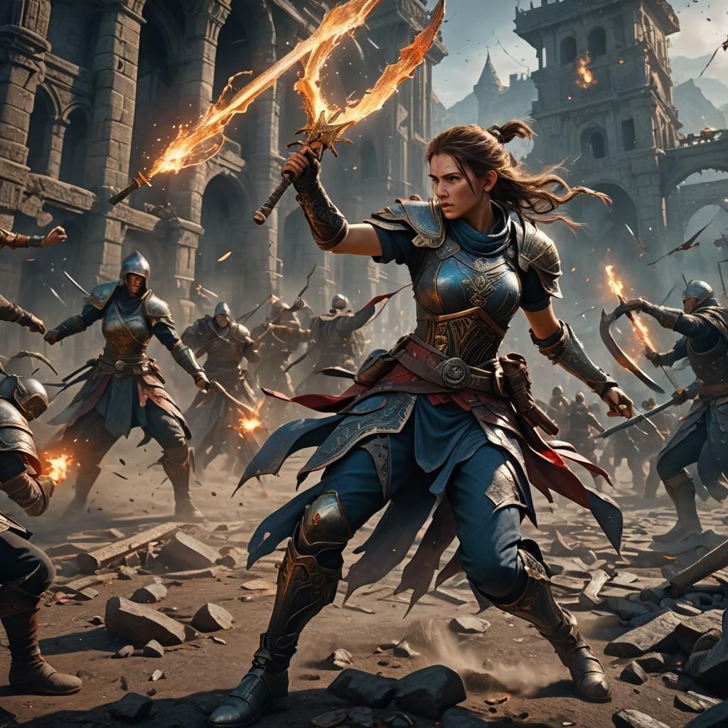 Female Warrior in Epic Battle Scene