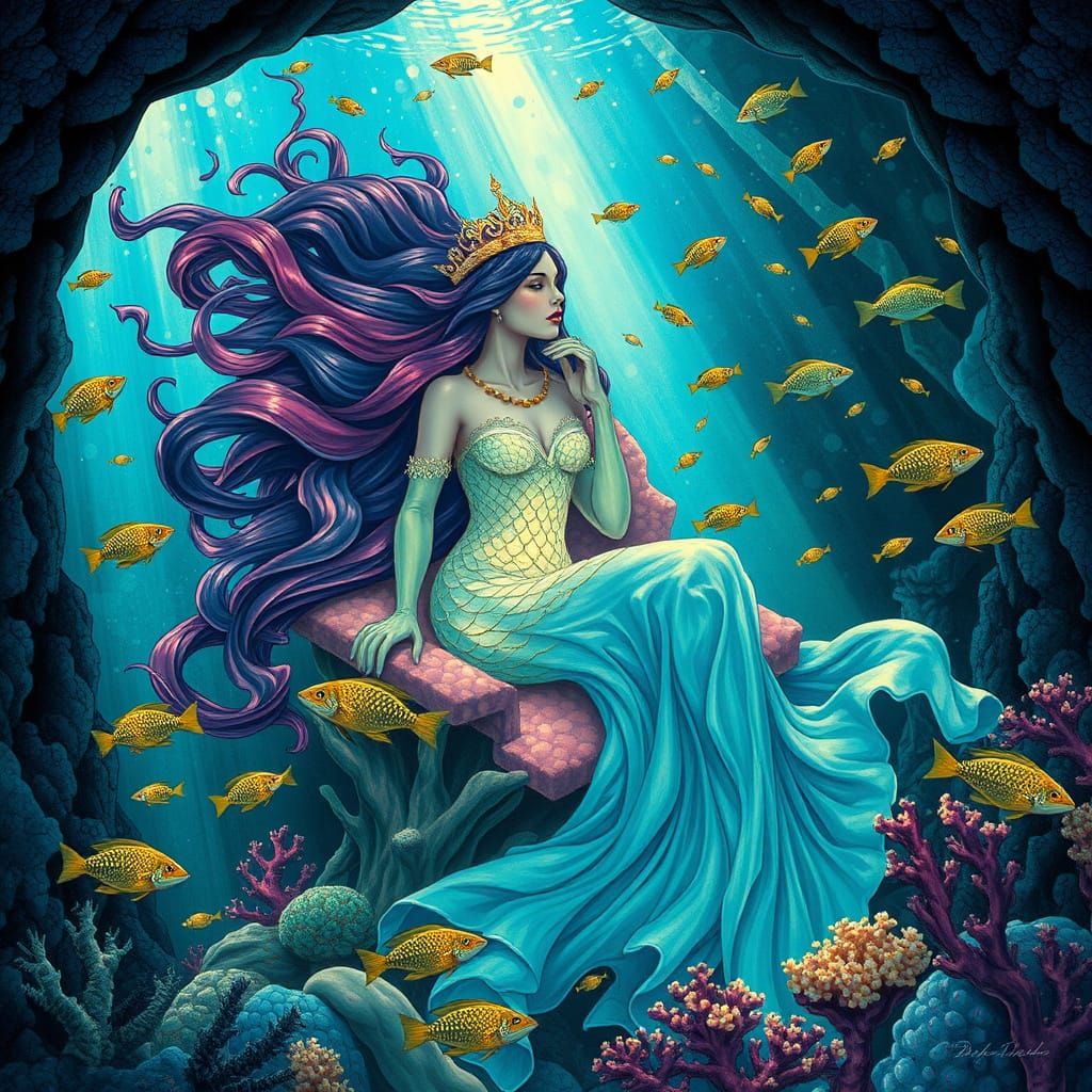 Ethereal Underwater Princess in Art Nouveau Style