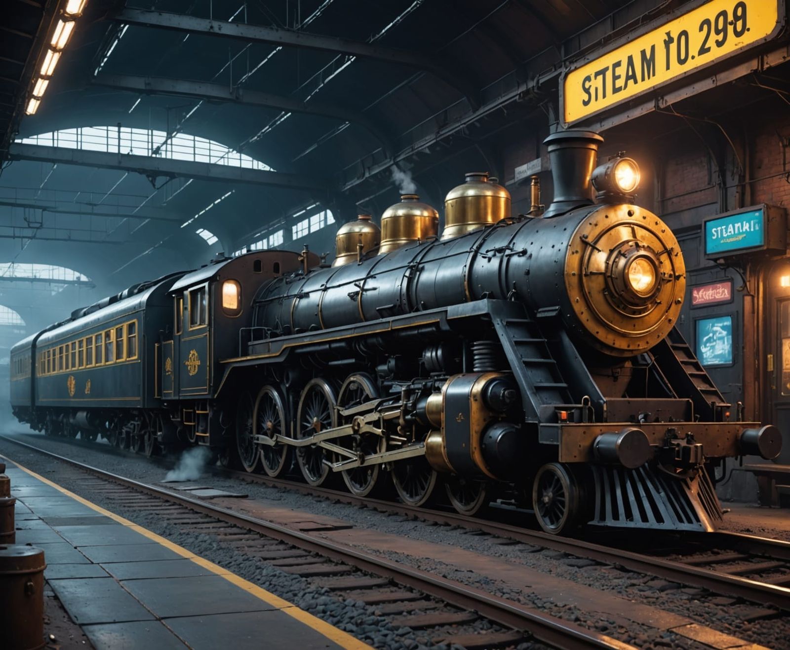 Cyberpunk Steam Train in Neon Haze