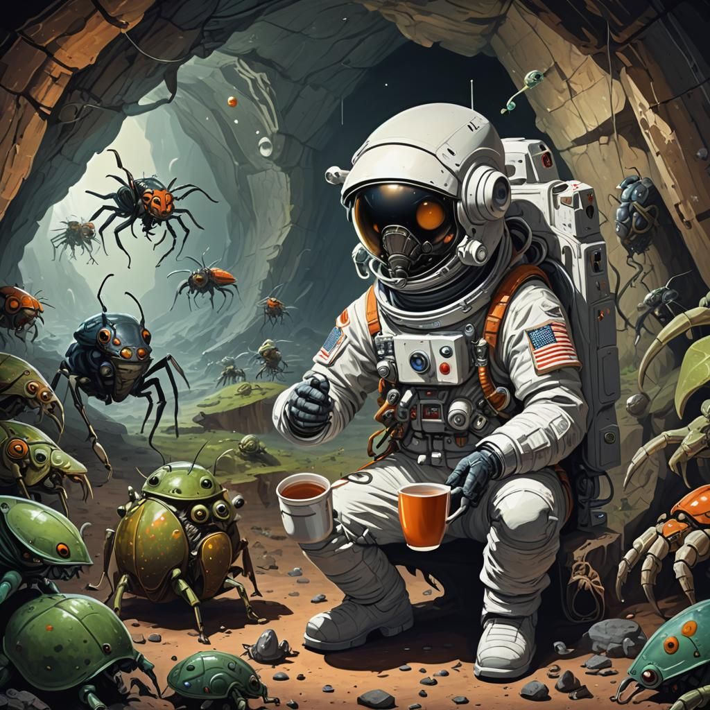 Astronaut's Tea Party with Bug Aliens