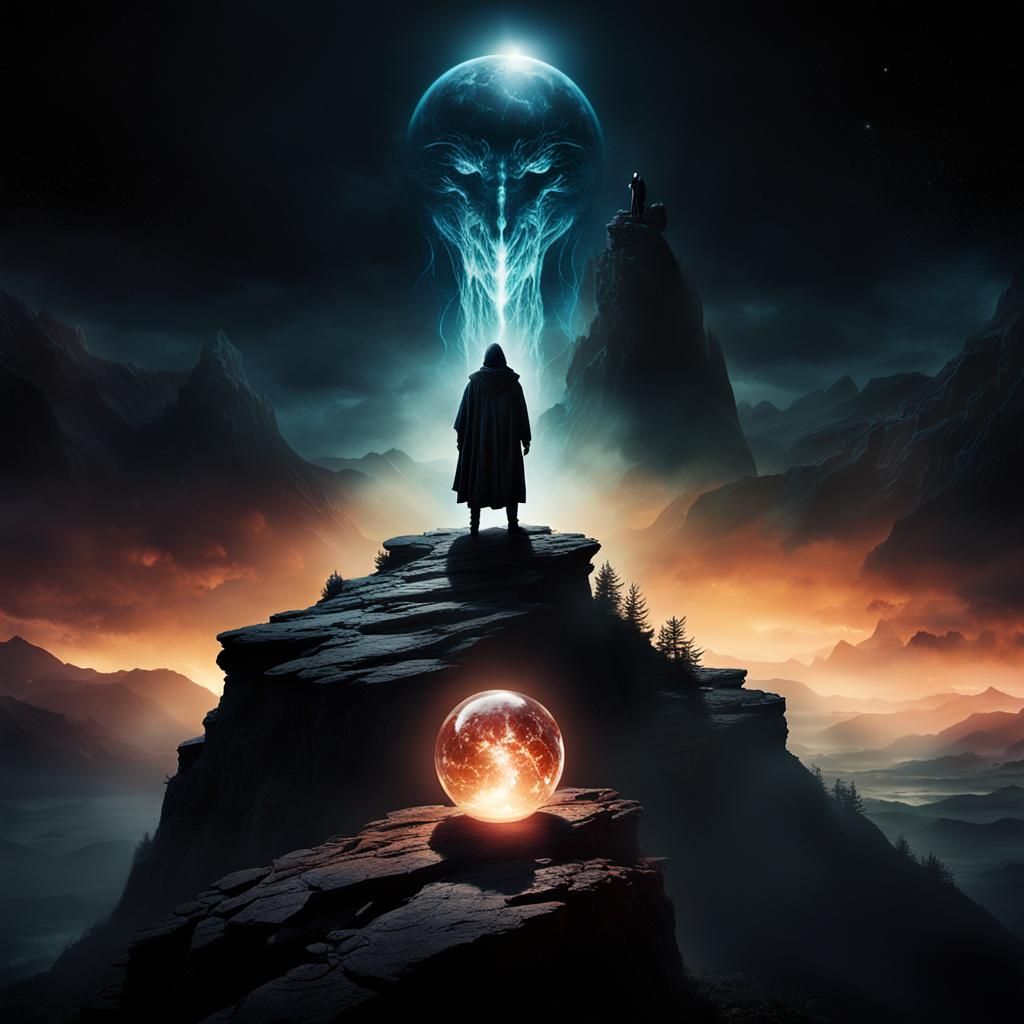 Dark Fantasy Hooded Figure with Celestial Scale