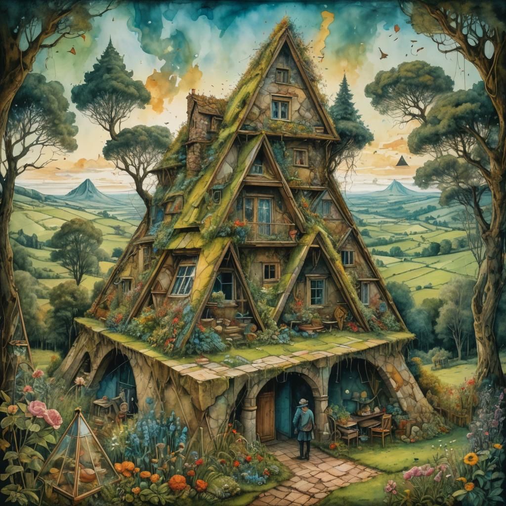 Surreal Penrose Triangle Landscape in Watercolor Style