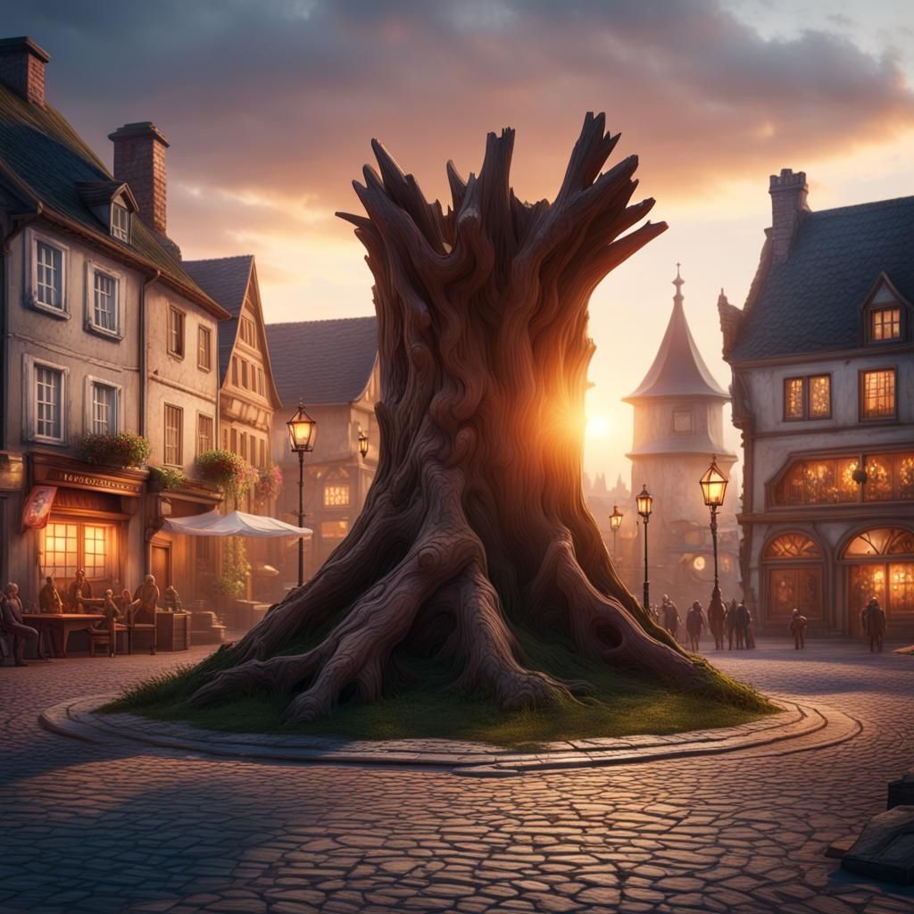 Medieval Village Square with Giant Stump at Sunset