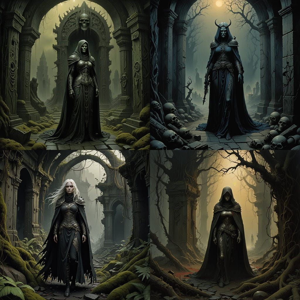 Dark Fantasy Necromancer Departs a Ruined Tomb in Tattered A...