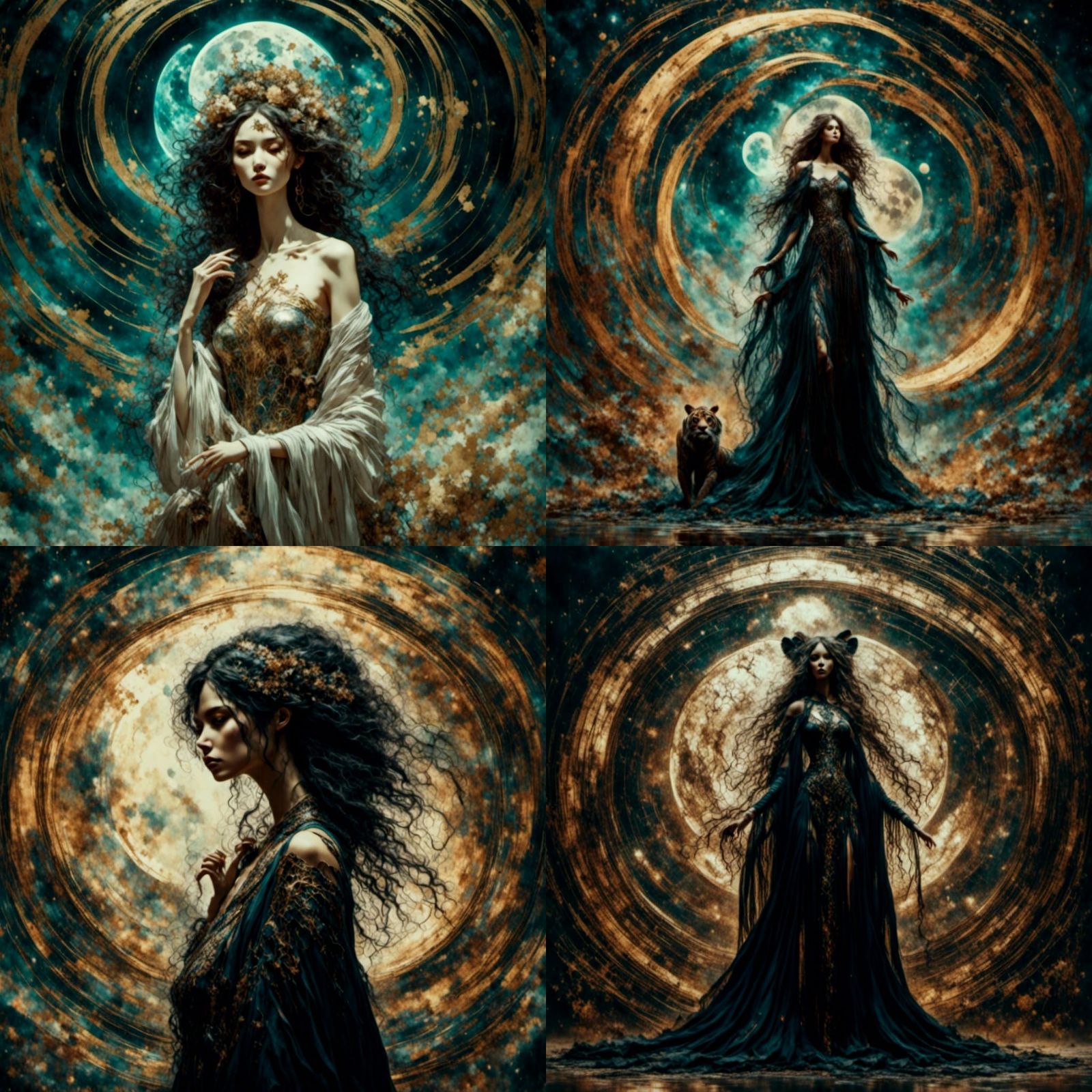 Latina Sorceress with Tiger Cub in Art Nouveau Style