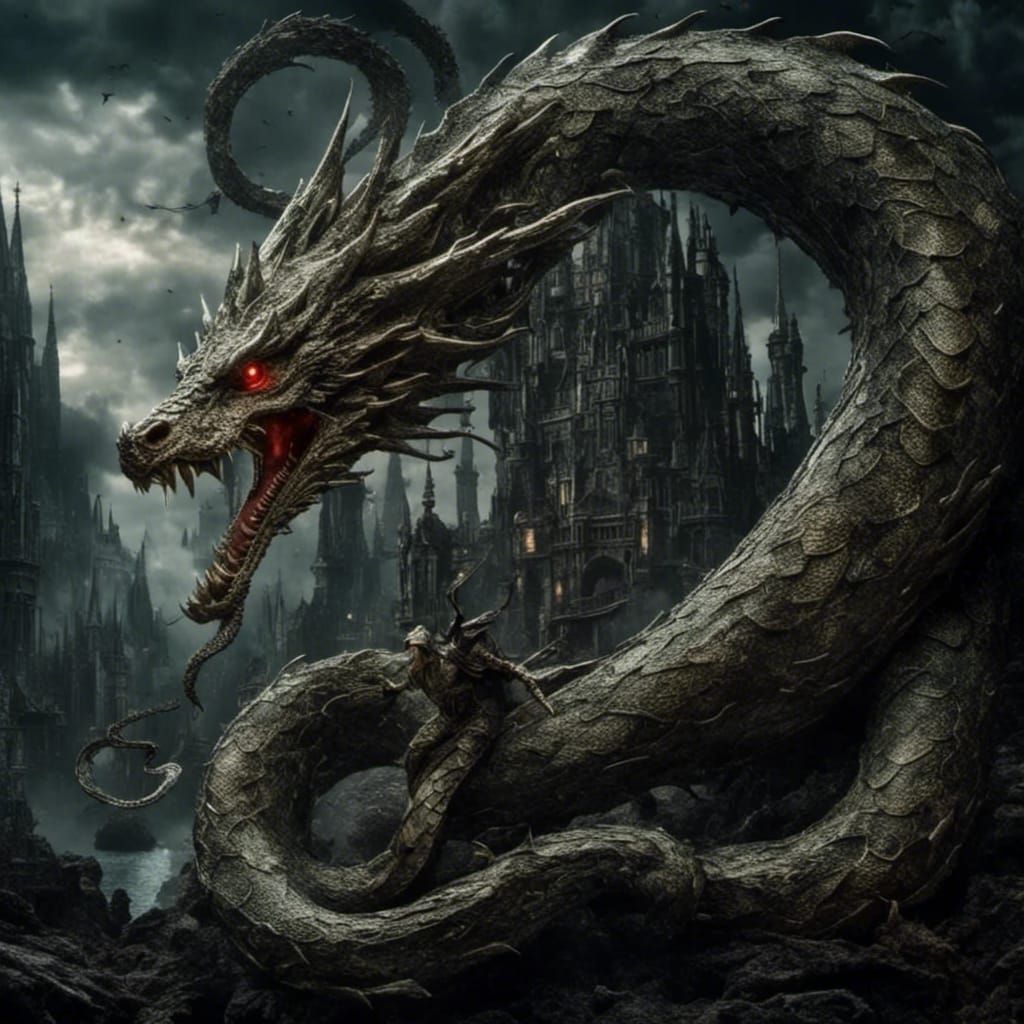 Gothic Dragon and Snake Embrace in Dark Fantasy