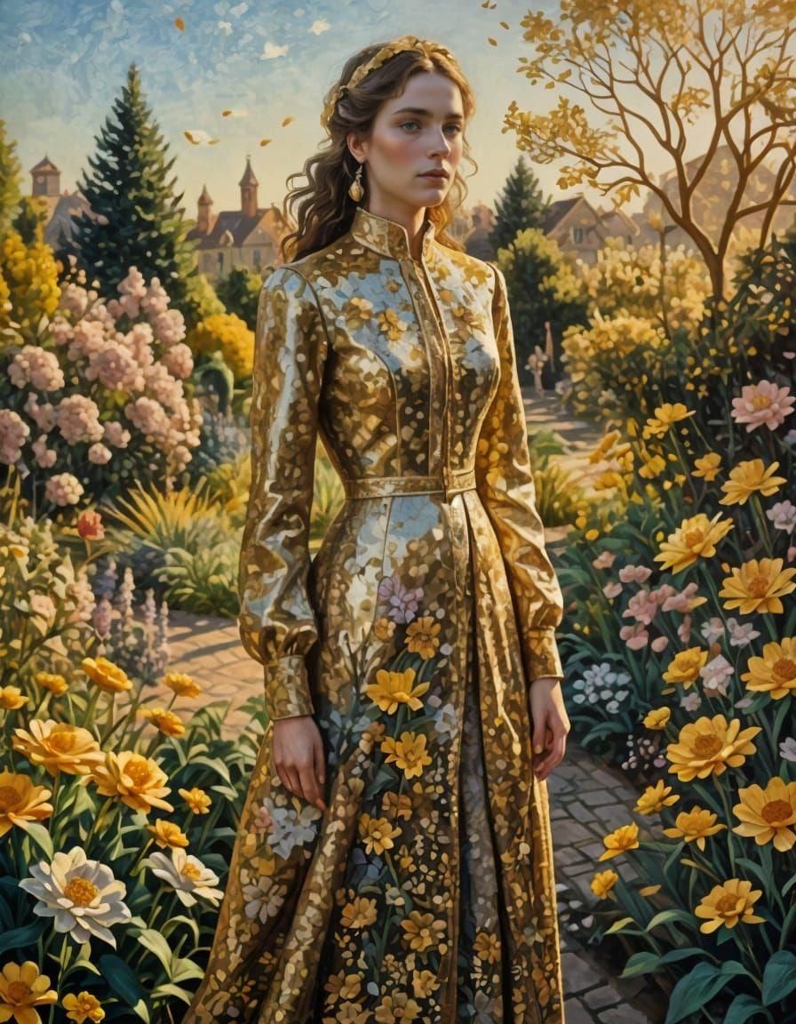 Woman in Gold: Pointillist Impressionist Masterpiece