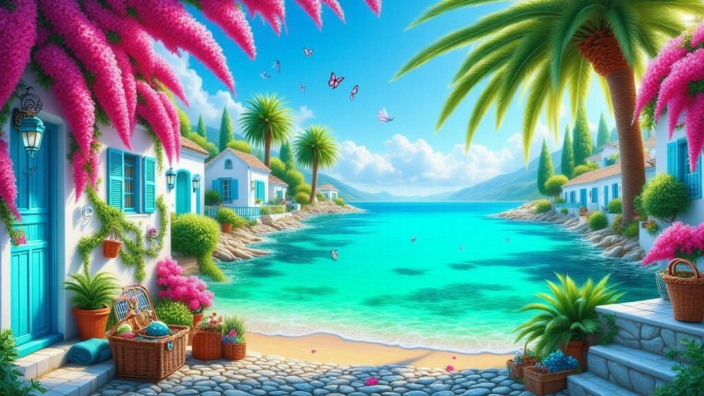 Vibrant Mediterranean Seascape with Abstract Vector Art